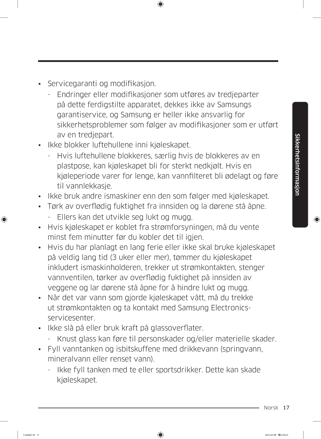 Samsung RS53K4400WW/EF, RS57K4000SA/EF, RS53K4400SA/EF, RS57K4000WW/EF manual Norsk 17  